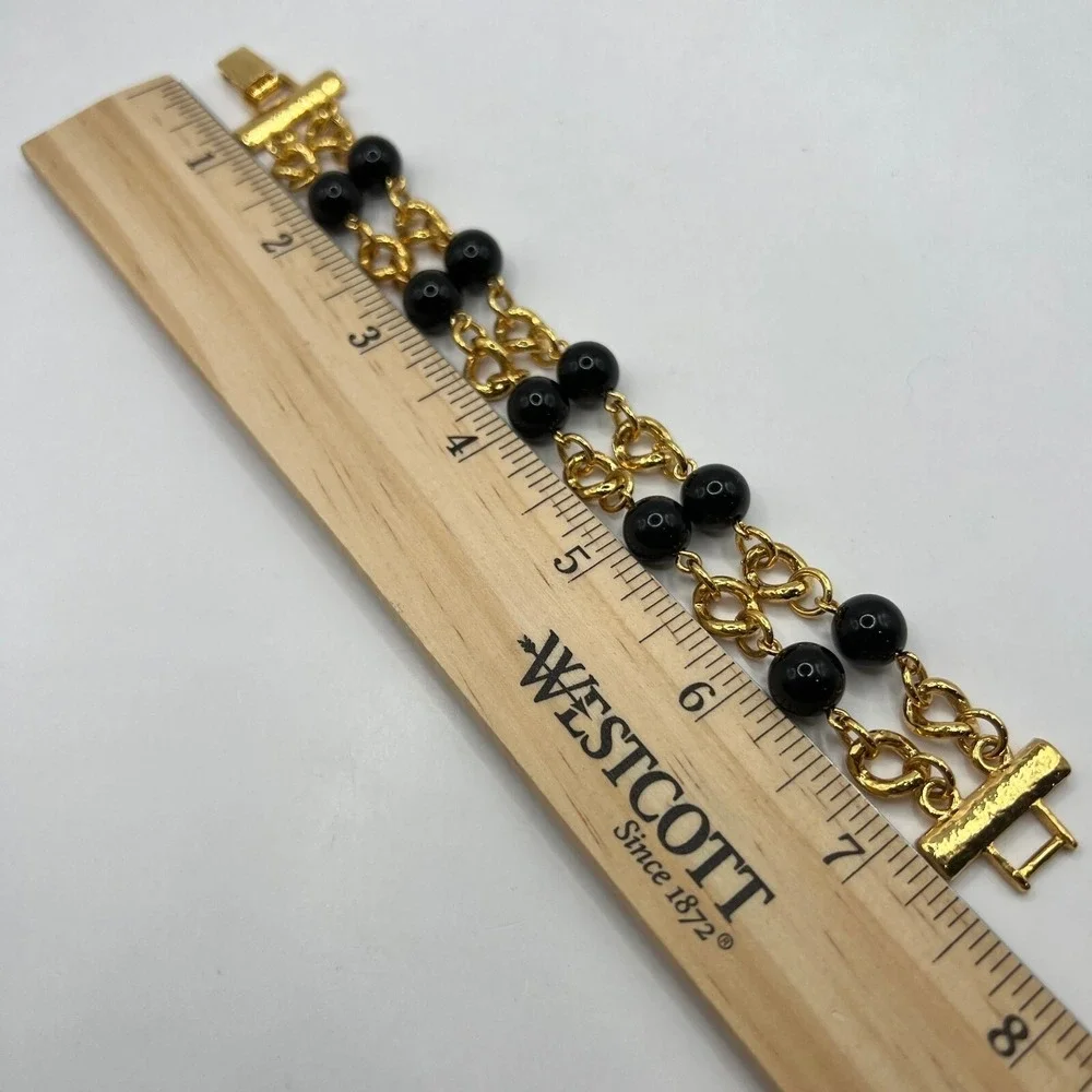 Gold Tone Chain Bracelet‎ Black Beaded Stations 7.5 inch